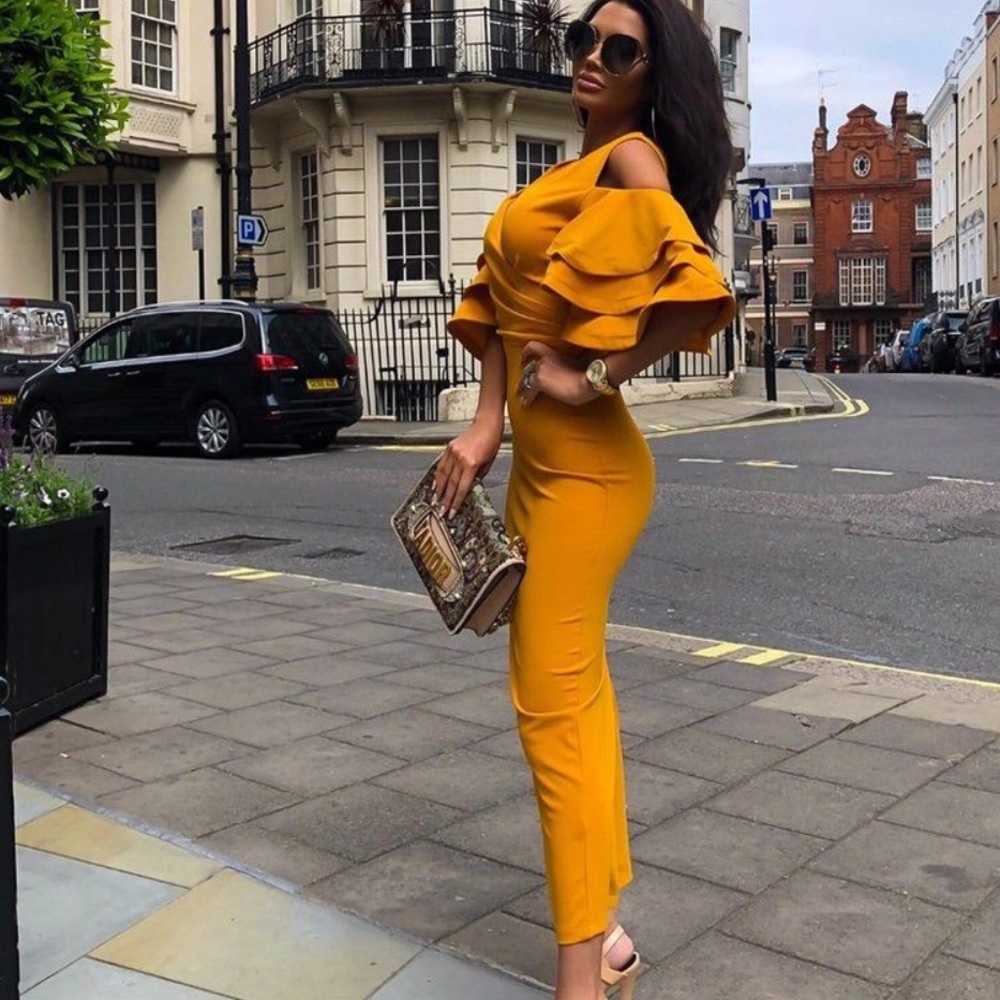 MUSTARD BANDAGE DRESS! size small - Picture 2 of 6